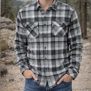 Hurley Mens Flannel Shirt Warm Soft Wash Gray White Green Plaid Mens Size Large